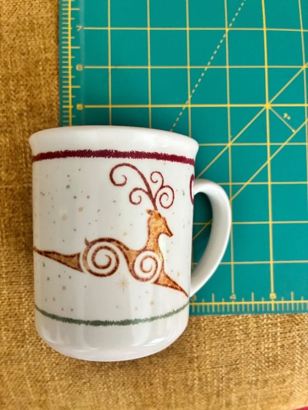 Vintage Rustic Reindeer Coffee Mug Maroon Scrolls Pier 1 Holiday Christmas